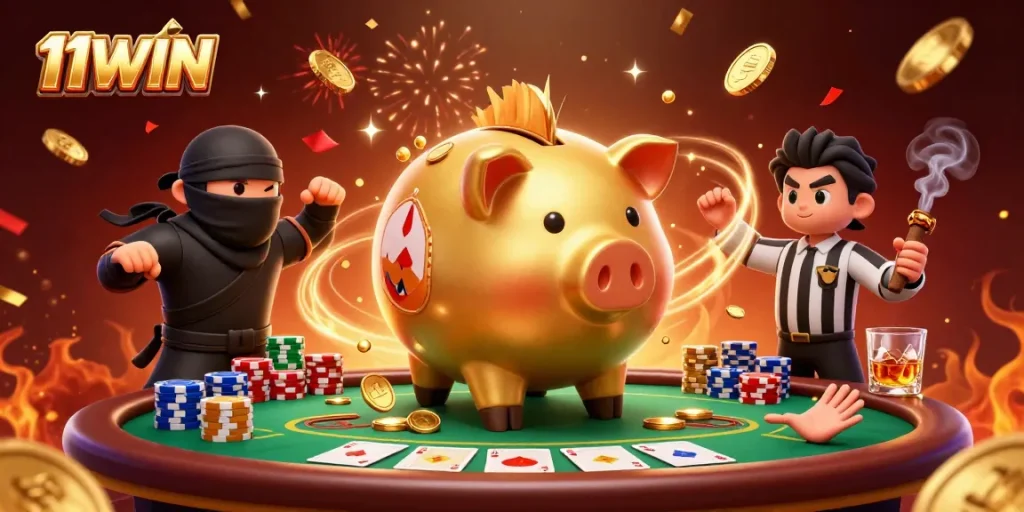 Experience the thrill of 11WIN with lively casino characters in an action-packed scene.