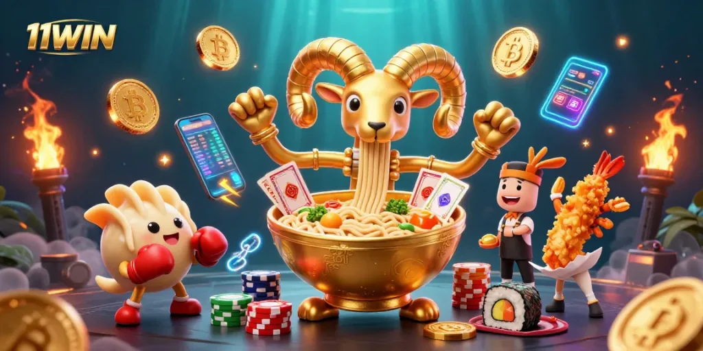 Engage with 11WIN's vibrant casino scene featuring unique ramen and sushi characters.