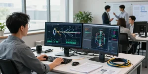 Engineers collaborating on fiber optic fiber solutions in a high-tech office