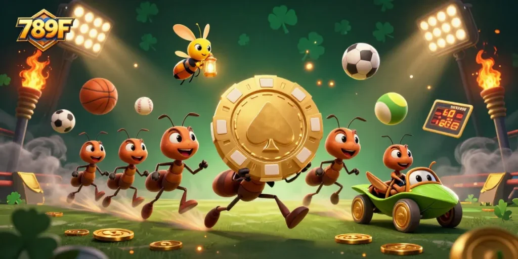 Experience thrilling gameplay with 789F as ants carry a giant poker chip in a dynamic 3D illustration.