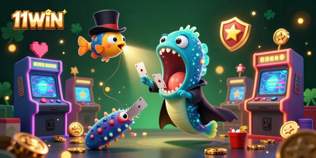 Engage players with vibrant 11WIN casino magic, featuring cartoon characters and arcade games.