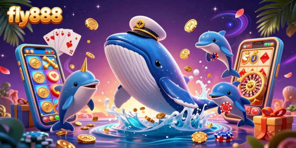 Engage with fly888's 3D casino adventure, featuring a whale breaching a sea of coins surrounded by playful dolphins and vibrant gaming elements.