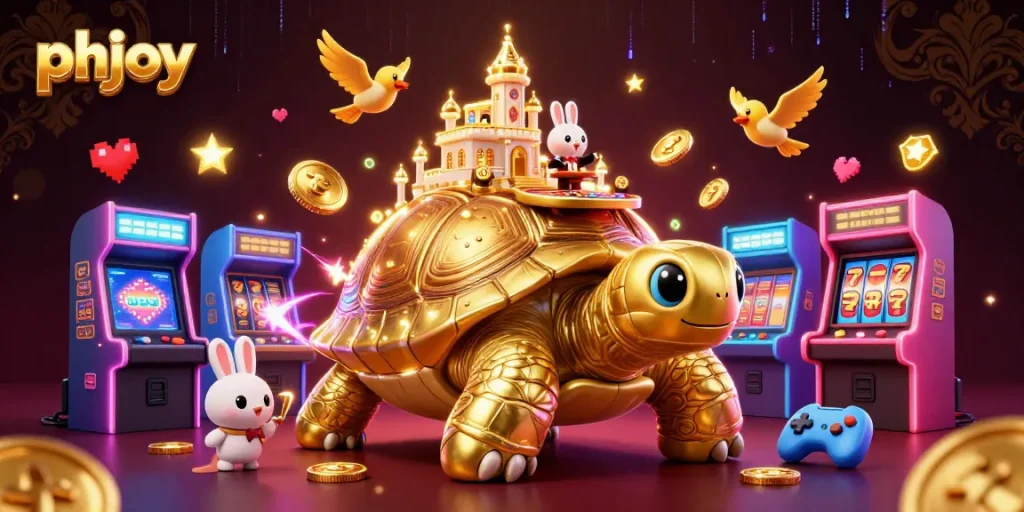 Experience thrilling gameplay at PHJOY with a vibrant scene of golden tortoise casino, card dealer, and flying coins.