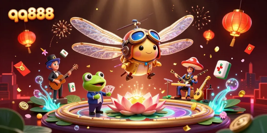 Experience thrilling gaming with qq888 as a dragonfly pilot hovers over a vibrant casino scene.