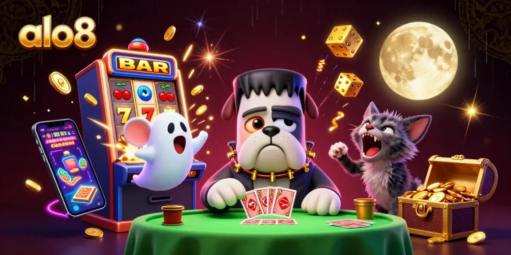 Experience thrilling action at alo8 with a Frankenstein bulldog dealer and lively casino elements.