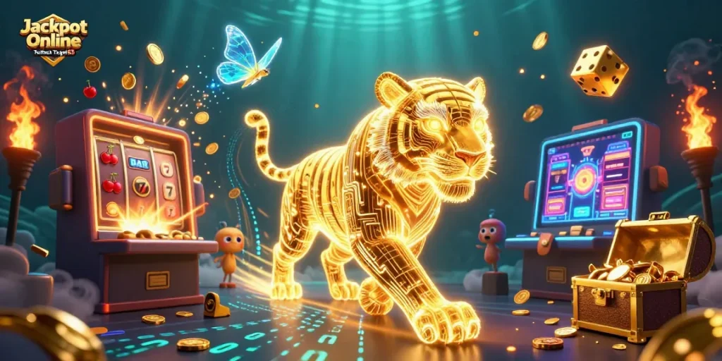 Experience the thrill of the Jackpot Online Taruhan Togel88 with golden tigers and slot machines in a vibrant casino.