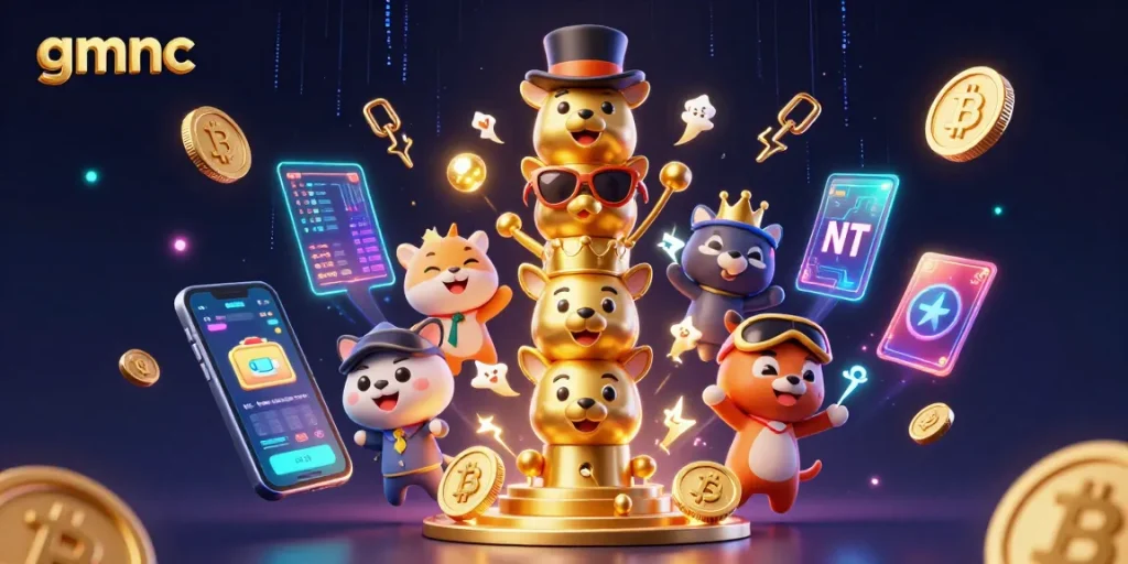 Spin the virtual slot wheels with gmnc crypto coins illuminating a rich casino scene.