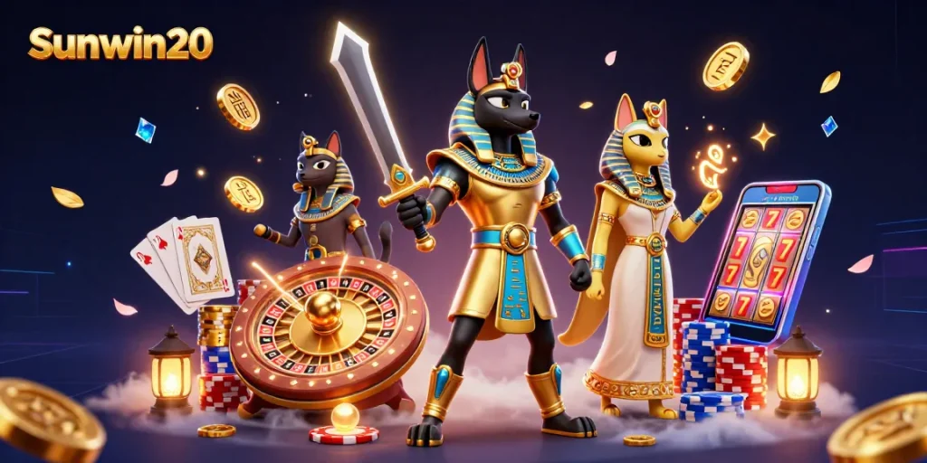 Engage with Sunwin20's thrilling gaming experience featuring ancient Egyptian warriors and rich casino elements.