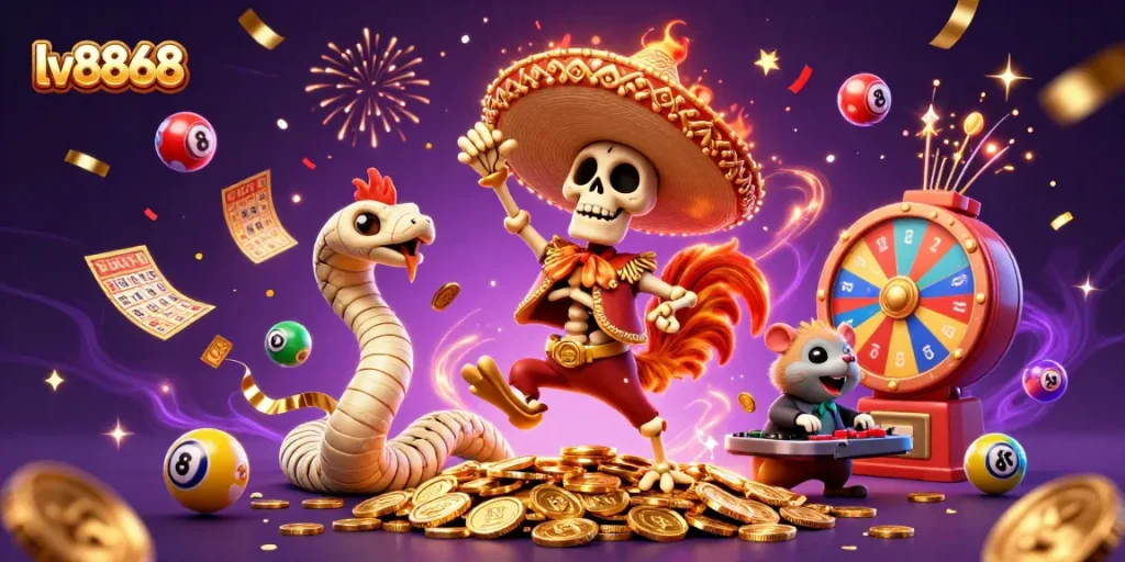 lv8868 showcases a lively casino scene with a victorious rooster and energetic characters in celebration.