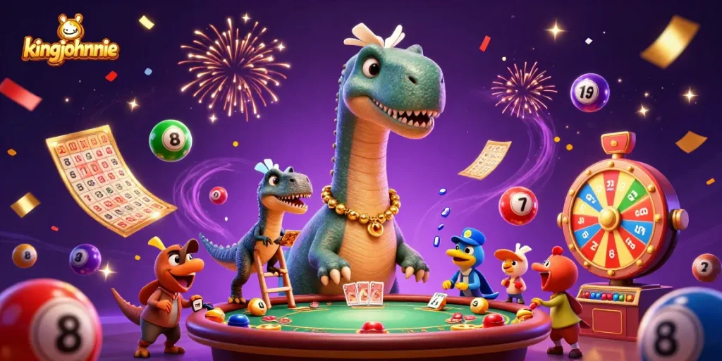 Experience thrilling moments in kingjohnnie's casino with vibrant creatures celebrating on high, playing lottery games!