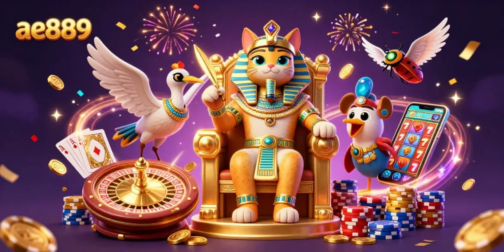 Experience thrilling gaming at ae889 with a dynamic scene featuring Egyptian pharaoh cat, coins, and roulette.