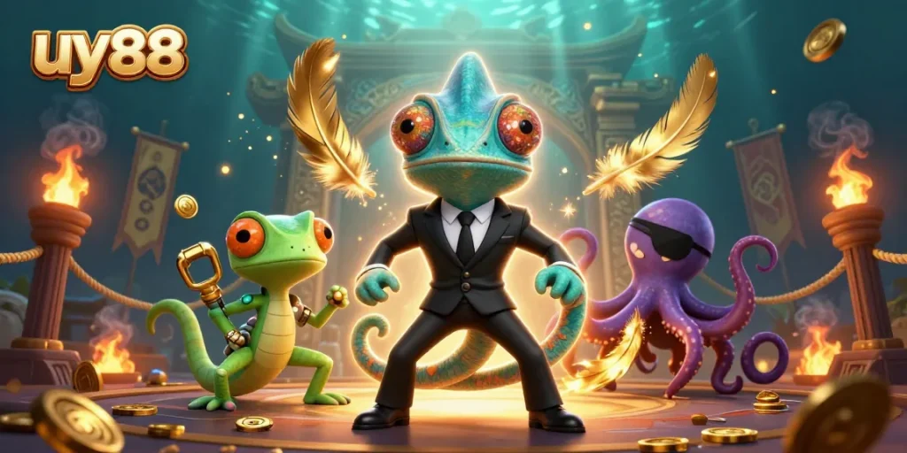 uy88 players enjoying thrilling games with a colorful chameleon, tech-gecko, and octopus in a vibrant casino