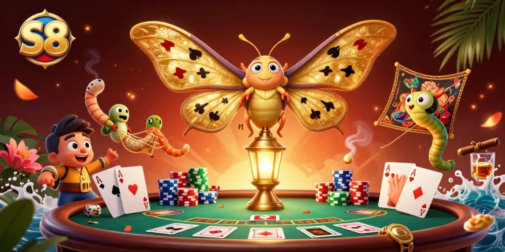S8 engages players with vibrant casino scenes featuring an atlas moth and poker elements.