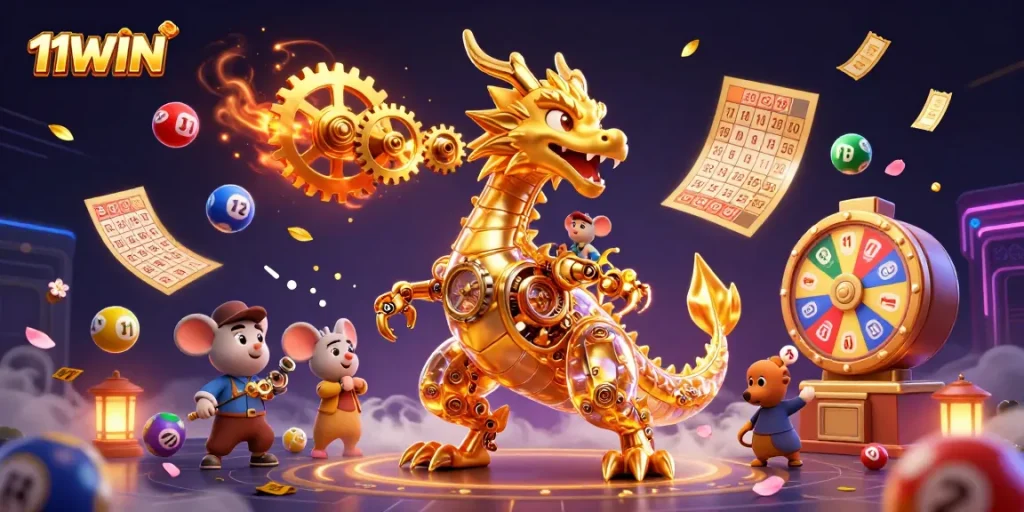 Experience excitement with 11WIN as a golden dragon breathes gears amidst dynamic lottery elements.
