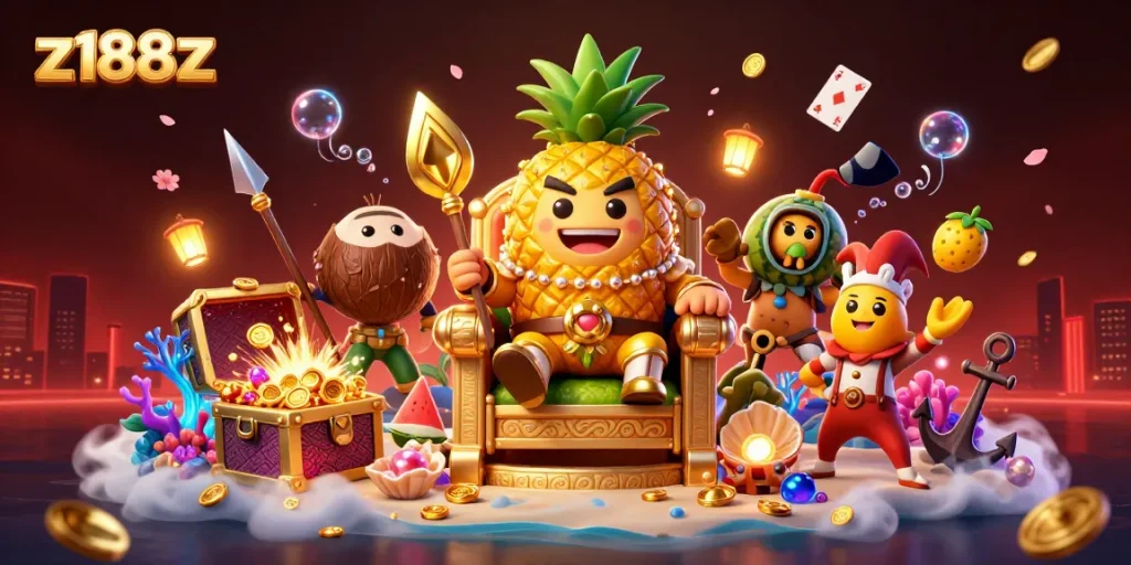 Experience endless gaming excitement with z188z at the vibrant beach casino scene featuring a golden pineapple king.