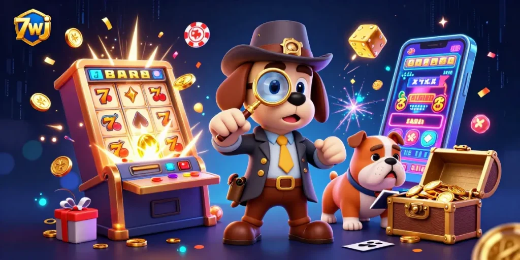 Engage with the 7wj interactive casino scene featuring a detective and thrilling gaming elements!