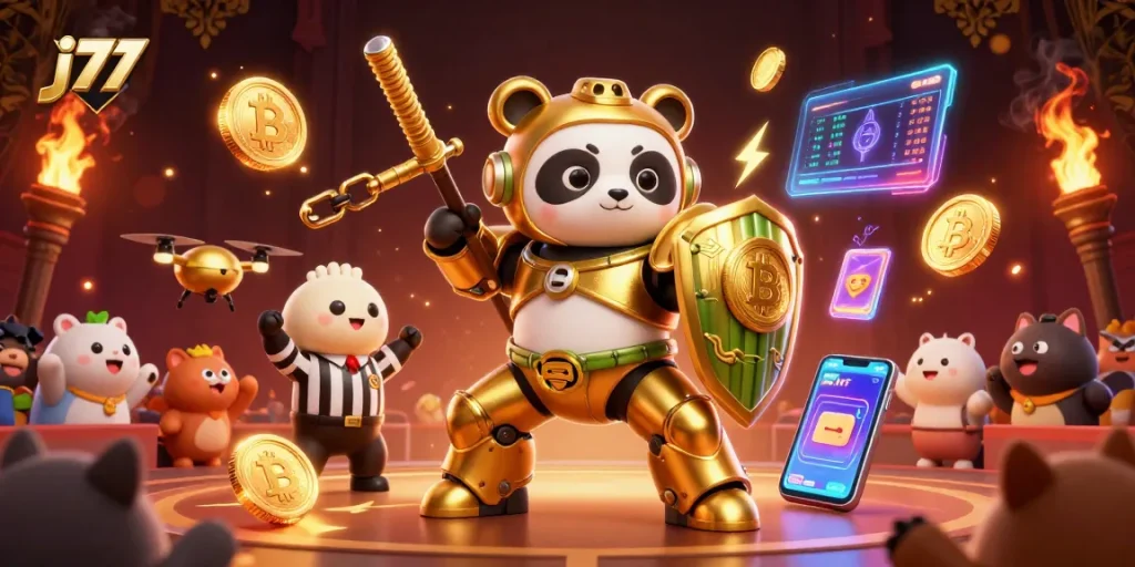 Join the excitement at j77 with a dynamic 3D casino illustration showcasing golden panda action.