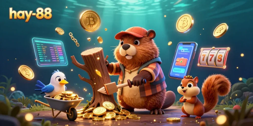 Play slots and win with hay-88's vibrant 3D cartoon scene of beavers and gold coins.