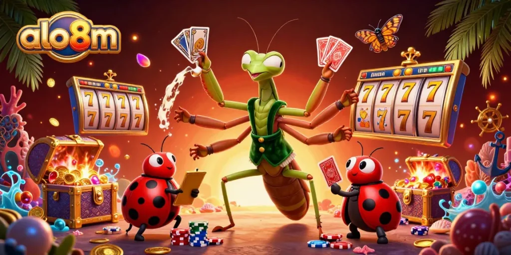 Experience thrilling gameplay with alo8m as a giant praying mantis dealer entertains at the casino.