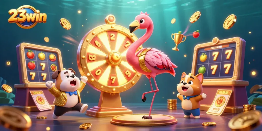 Experience thrilling wins at 23win with a vibrant 3D casino scene featuring spinning prize wheels and exciting game elements.