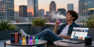 Explore top disposable vapes in usa with stylish urban vaper enjoying vibrant skyline.