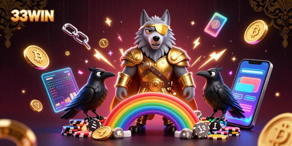 33WIN illuminates vibrant casino action with Odin wolf amidst neon elements in a dynamic scene.