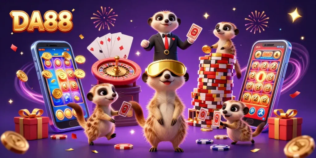 DA88 meerkats running a vibrant casino operation with colorful gaming elements