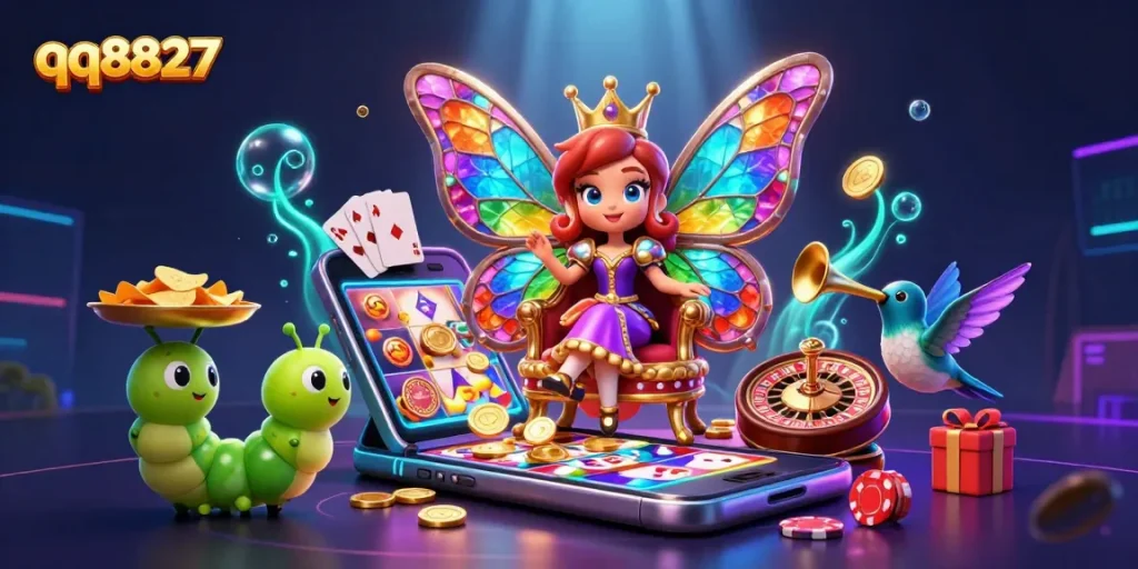 Experience the thrill of qq8827 with a vibrant, cartoon-style 3D casino scene filled with games and excitement.
