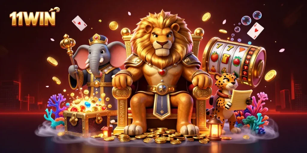 Experience thrilling wins with 11WIN's spectacular casino illustration showcasing a lion king on a treasure throne.