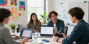 Tim aktif mendemonstrasikan antarmuka Heylink.me dalam ruang kerja modern, GEGESLOT, dikelilingi oleh desain grafis dan ide-ide kreatif.