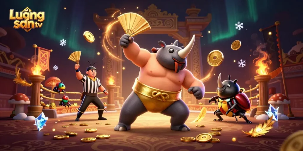 Lương sơn tv captivates with a dynamic 3D scene featuring a sumo beetle champion and thrilling casino elements.