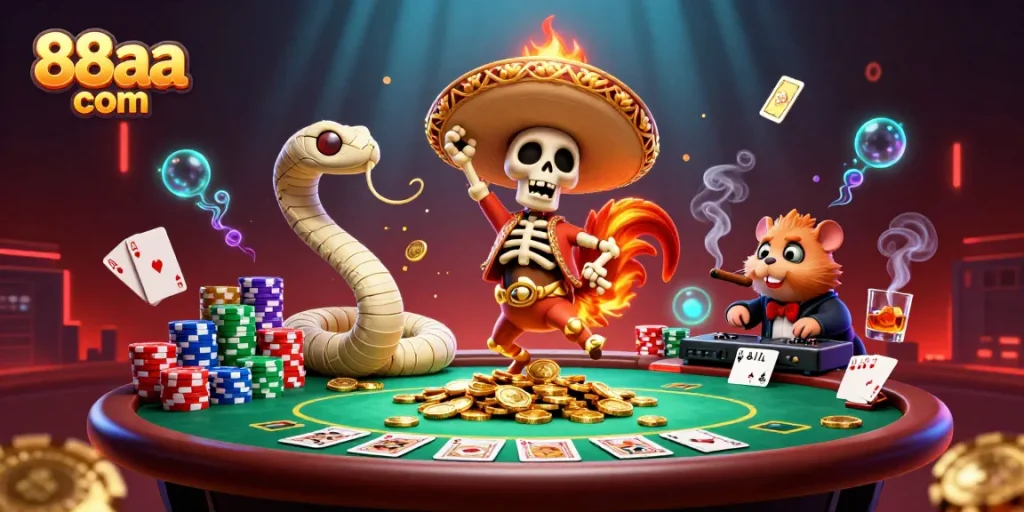 Experience the excitement of 88aa com with a festive, action-packed casino scene featuring playful characters celebrating with poker elements.
