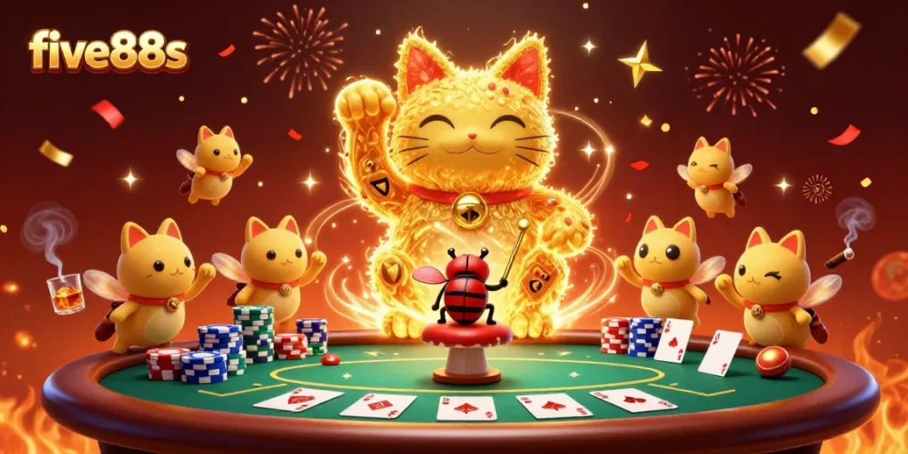 Engage with five88s as gold fireflies shape a lucky cat amidst poker chaos in a vibrant casino.