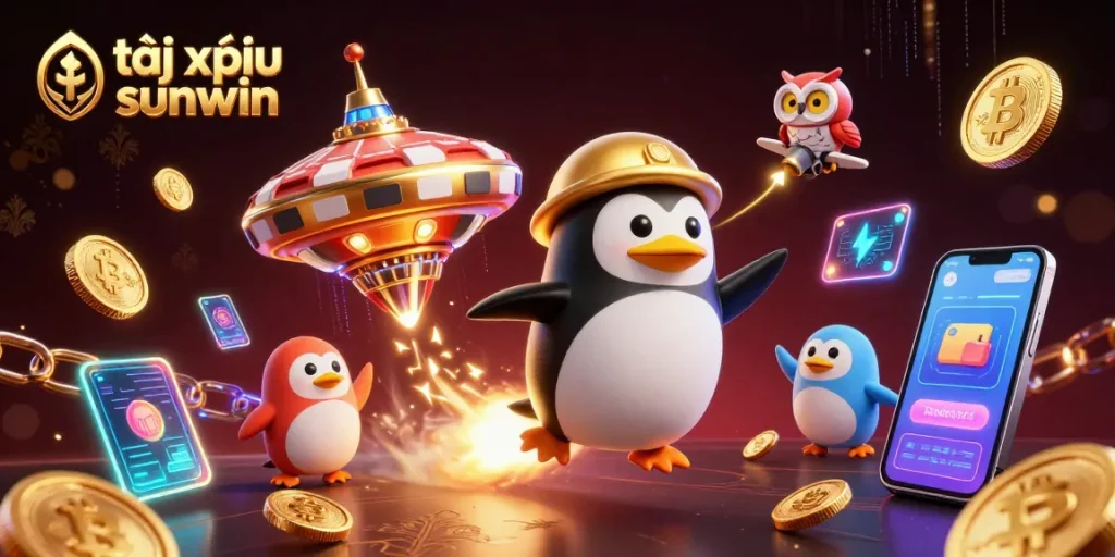 Engage in tài xỉu sunwin gameplay with a vibrant illustration showcasing golden penguins and crypto elements.