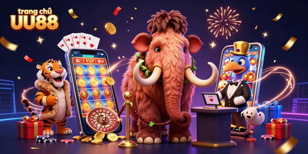 Experience the excitement of trang chủ UU88 with vibrant characters and dynamic casino elements in a colorful 3D scene.