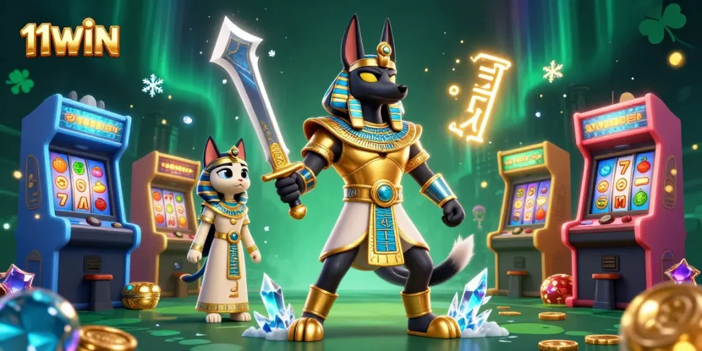 Play slots and win with 11WIN, featuring Anubis and Bastet in a vibrant casino scene.