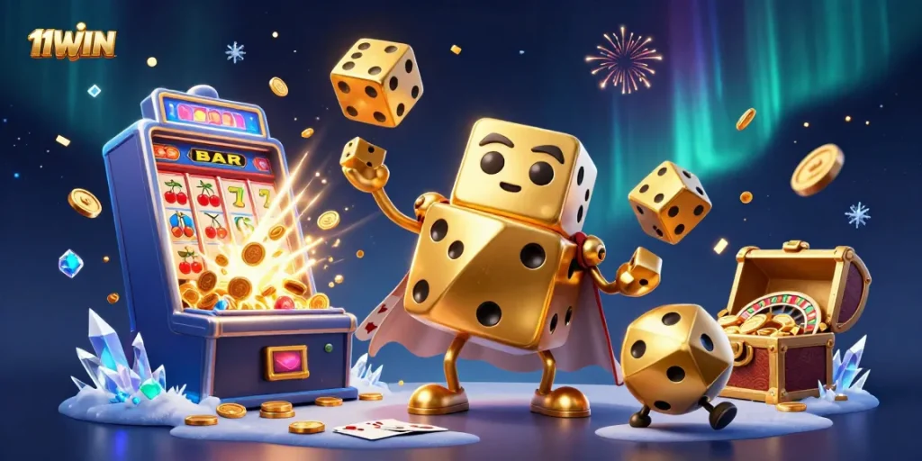Experience the excitement of 11WIN with 3D characters and casino elements in a vibrant scene.
