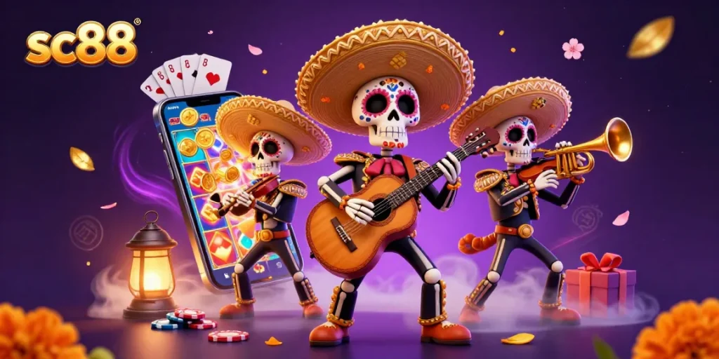 sc88 gaming scene depicting Dia de los Muertos mariachi band and exciting casino elements