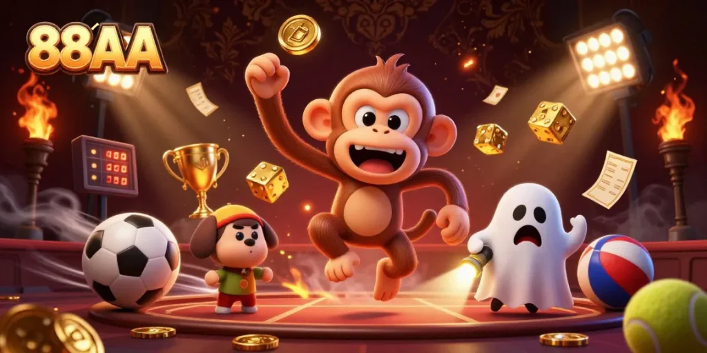 Experience thrilling wins at 88AA with a lively casino scene featuring a playful poltergeist monkey and a determined puppy!