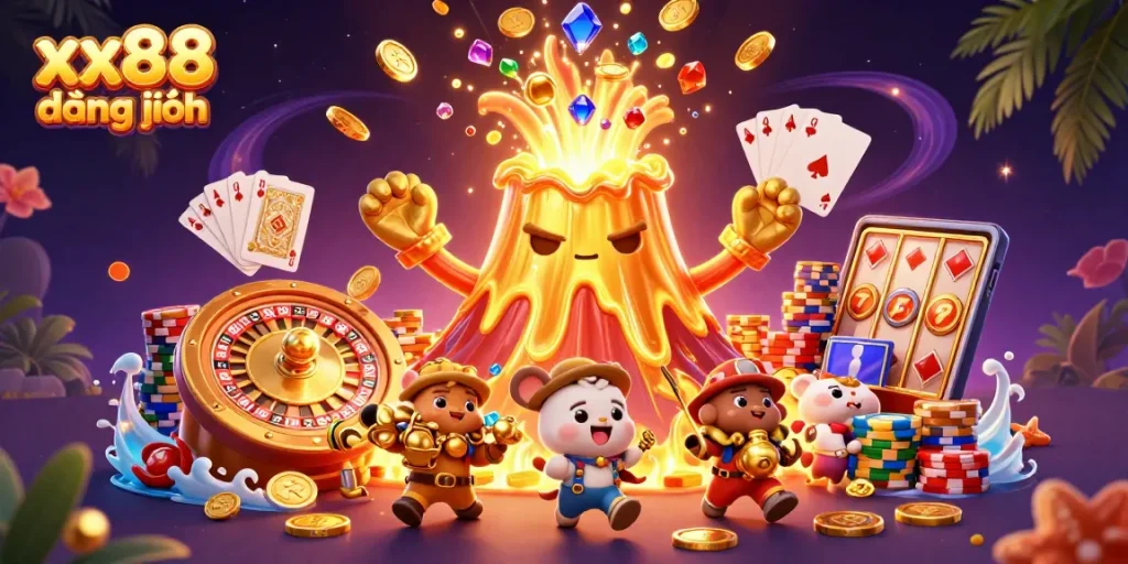 Spin the excitement of xx88 đăng nhập with a golden volcano erupting treasure in a vibrant casino scene.