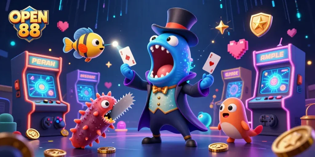 Engage with OPEN 88's vibrant underwater casino world featuring a magical deep-sea eel, anglerfish, and playful sea cucumber.