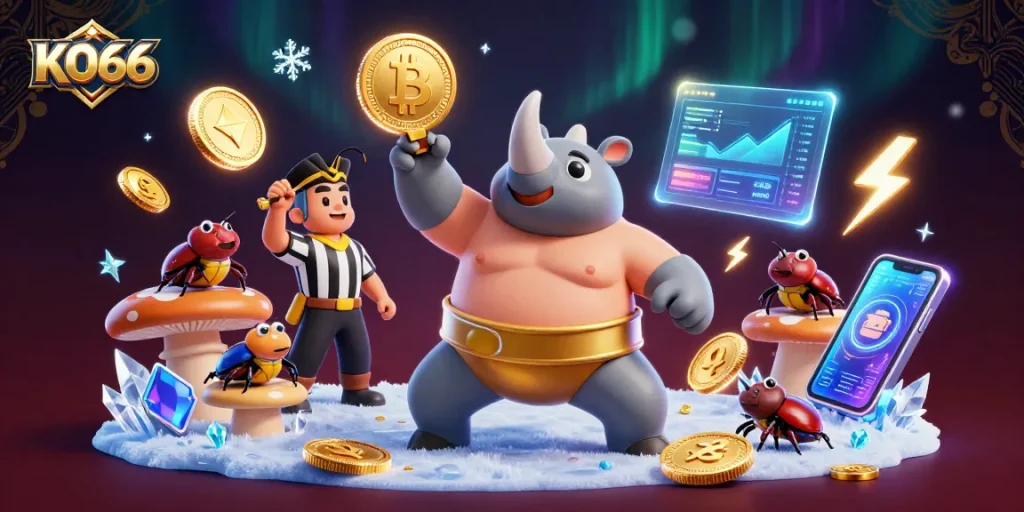Experience thrilling gameplay at KO66 with vibrant 3D characters unleashing a cascade of coins.