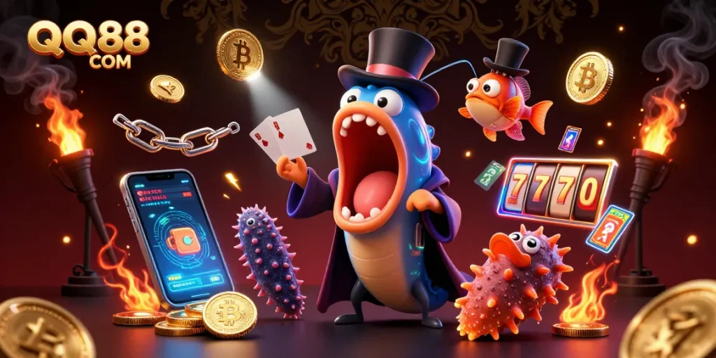 Engage with thrilling gaming action at QQ88 COM featuring magical deep-sea characters and dynamic casino elements.