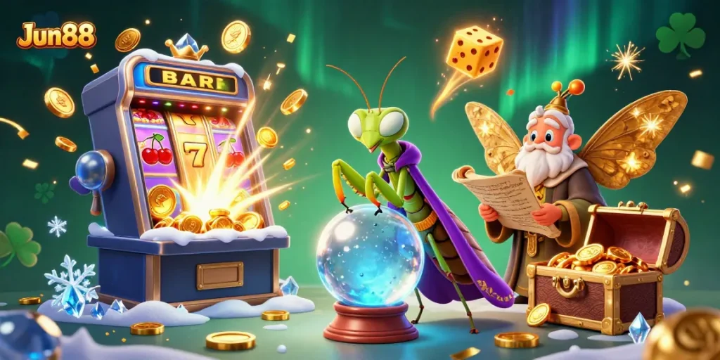 Experience the magical world of Jun88 with exciting slot machines and vibrant gaming elements.