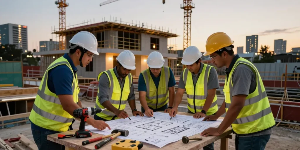Construction companies San Jose team collaborating on a modern home build at dusk.