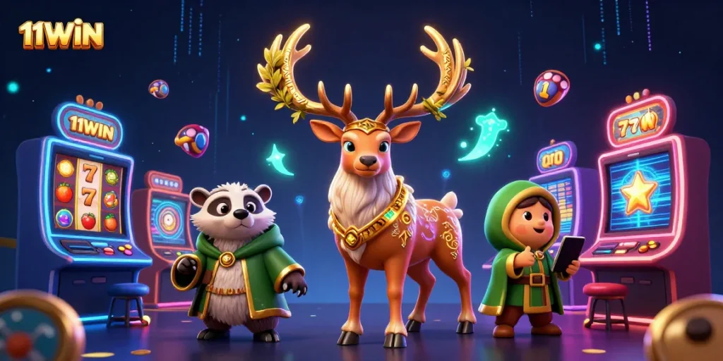 Engage with the thrilling 11WIN casino experience featuring vibrant slot reels and magical elements.