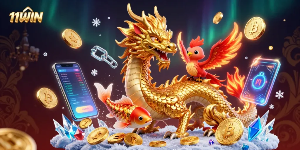 Engage with 11WIN through a thrilling 3D casino scene featuring detailed characters and crypto elements.