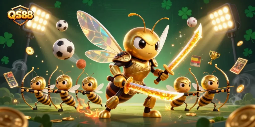 Engage in thrilling gameplay at QS88 with a unique 3D cartoon casino illustration featuring a samurai hornet and bee archers.