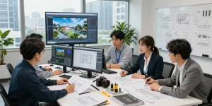 Industrial Engineering Consultant North America team collaborating on structural designs in a vibrant office setting.