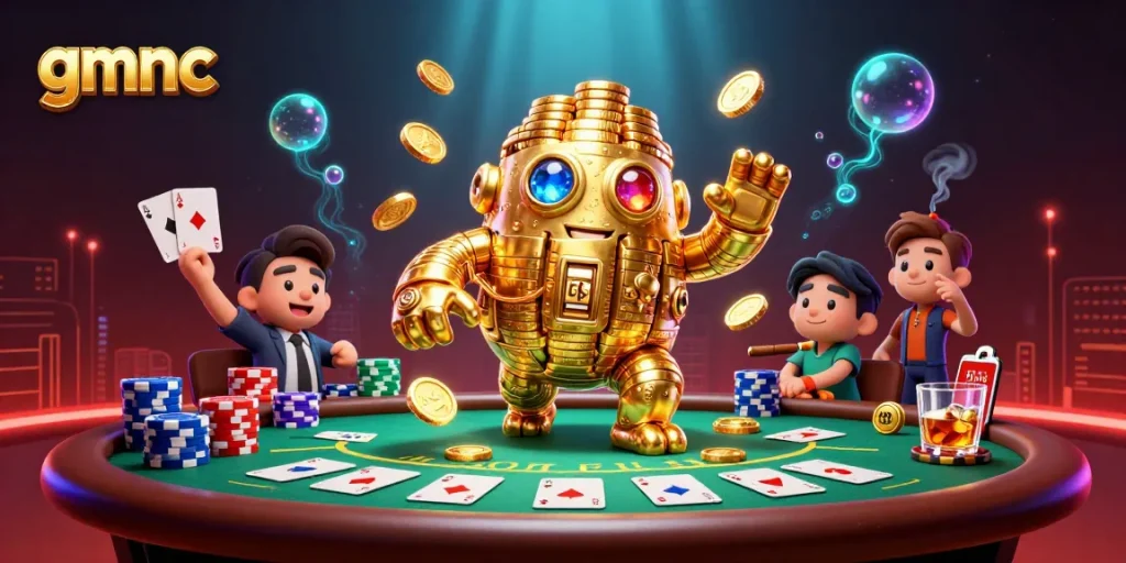 Engage with gmnc's expert risk analysis, showcased by a vibrant poker scene with gold-themed elements.